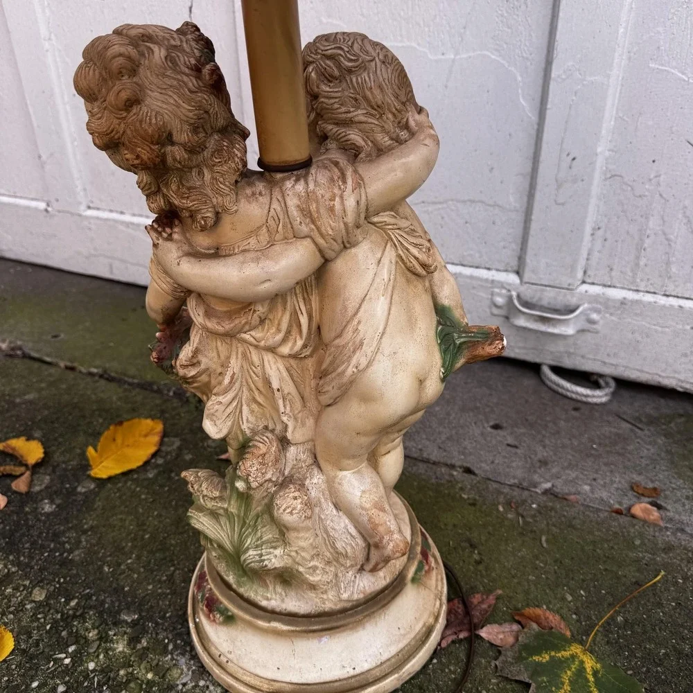 Vintage Cherub Figural Table‎ Lamp Chalkware Grapes Motif w/ Shade Untested